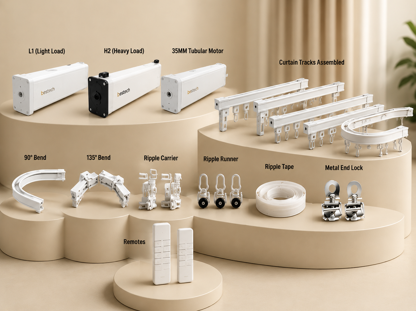 bestech catalogue products with motors, tracks, bends, remotes, and accessories